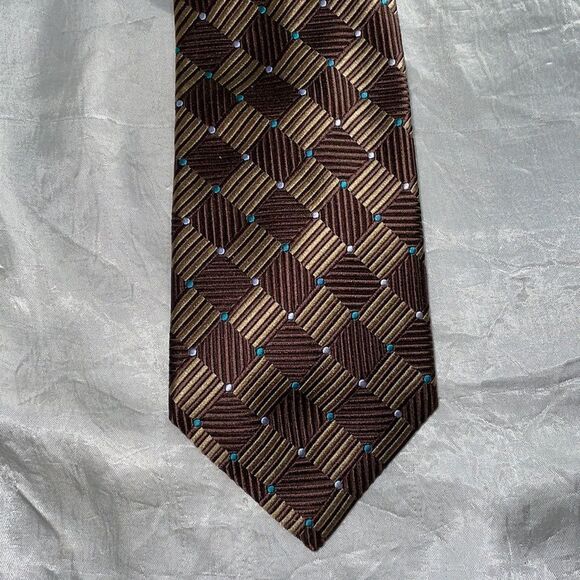 Private Stock brown & tan diamonds silk tie - Picture 1 of 4